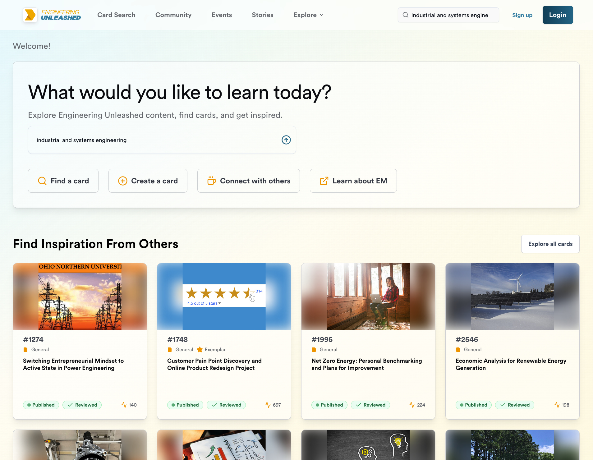 Engineering Unleashed homepage — search for cards, connect with others, and learn about entrepreneurial mindset